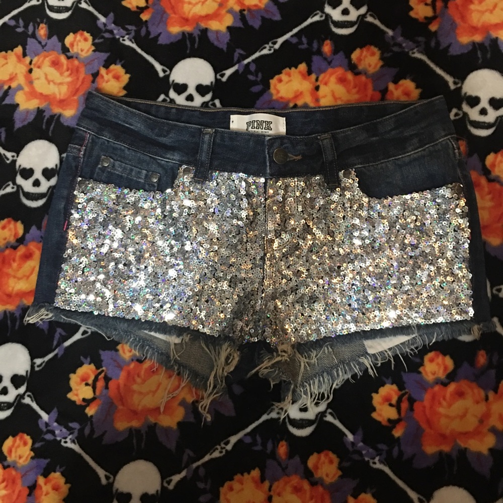 PINK sequin blue jean shorts